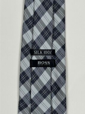 Boss Gray and Black Plaid Silk Tie